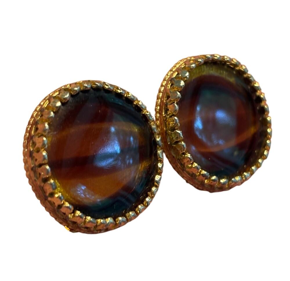 Vintage Kramer clip on earrings gold tone rounds & tortoise shell glass centers